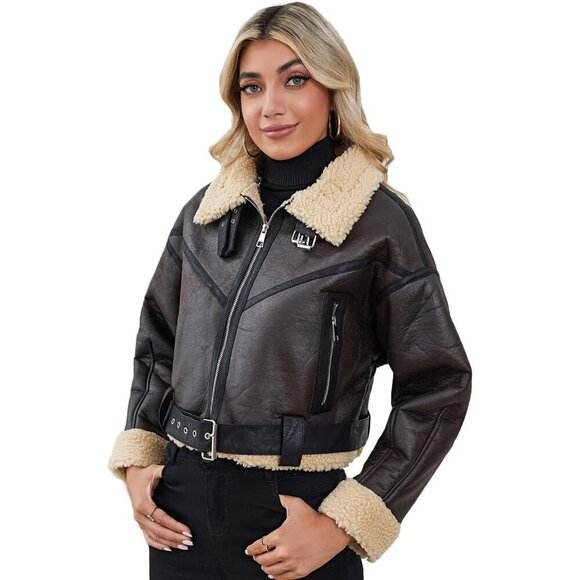 Womens Faux Fur Leather Jacket Short Bomber Coat Zipper Lapel LY VAREY LIN - Picture 4 of 7